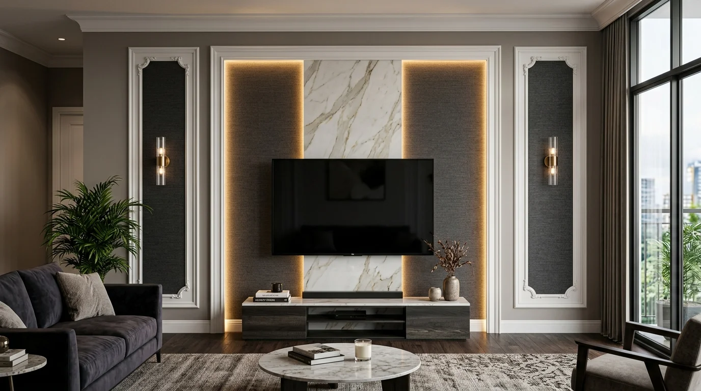 TV Ünitesi Arkası Mermer Panel ve Duvar Kağıdı Tasarımı